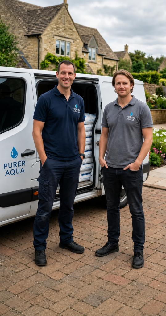 Purer Aqua co-founders Alex V and Piers T standing by the Purer Aqua van in a potential customer residential driveway.