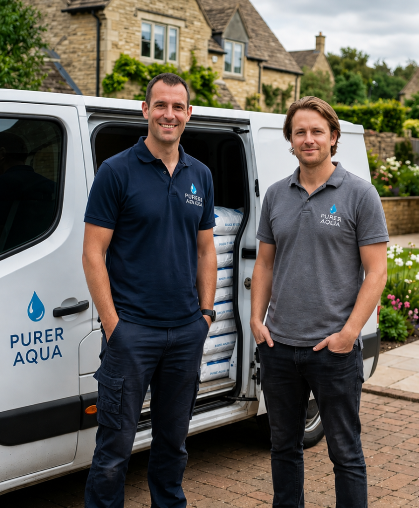Purer Aqua co-founders Alex V and Piers T standing by the Purer Aqua van in a potential customer residential driveway.